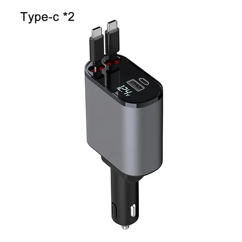 2023 New Retractable Car Charger 4 In1 Fast Car Phone Charger 66W Retractable Cables (2.6Ft) and 2 USB Ports Car Charger Adapter
