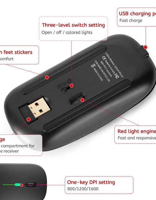 Load image into Gallery viewer, LED Wireless Mouse, Rechargeable Slim Silent Mouse 2.4G Portable Mobile Optical Office Mouse with USB
