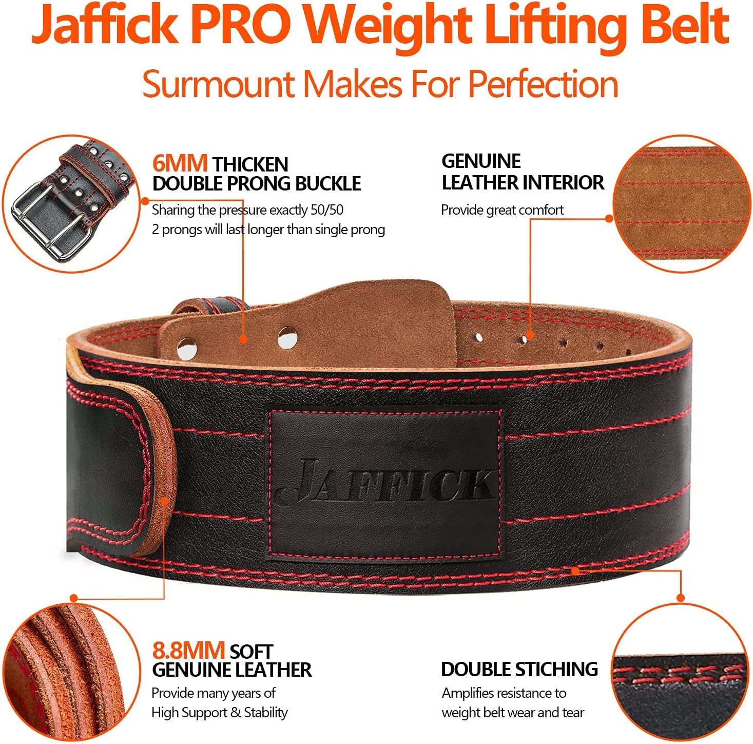 Genuine Leather Weight Lifting Belt (4 Inches Wide) Lower Back Support and Injury Prevention for Gym Fitness Workout Cross Training for Men Women - Squat Deadlift up to 800 Lbs