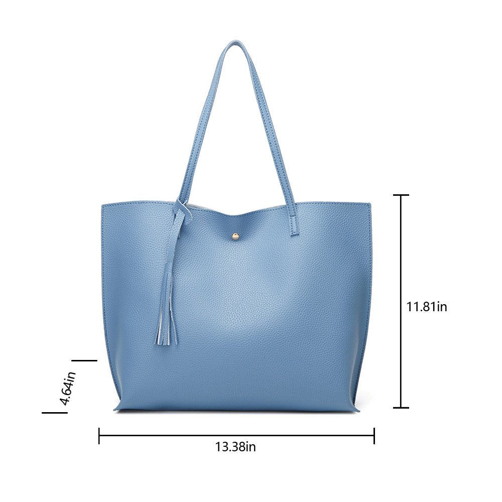 Tassel Tote Leather Bag for Women, Ladies Large Capacity Fashion Shoulder Handbag Bag Purses Satchel Messenger Bags for Woman Work Shopping - Light Blue