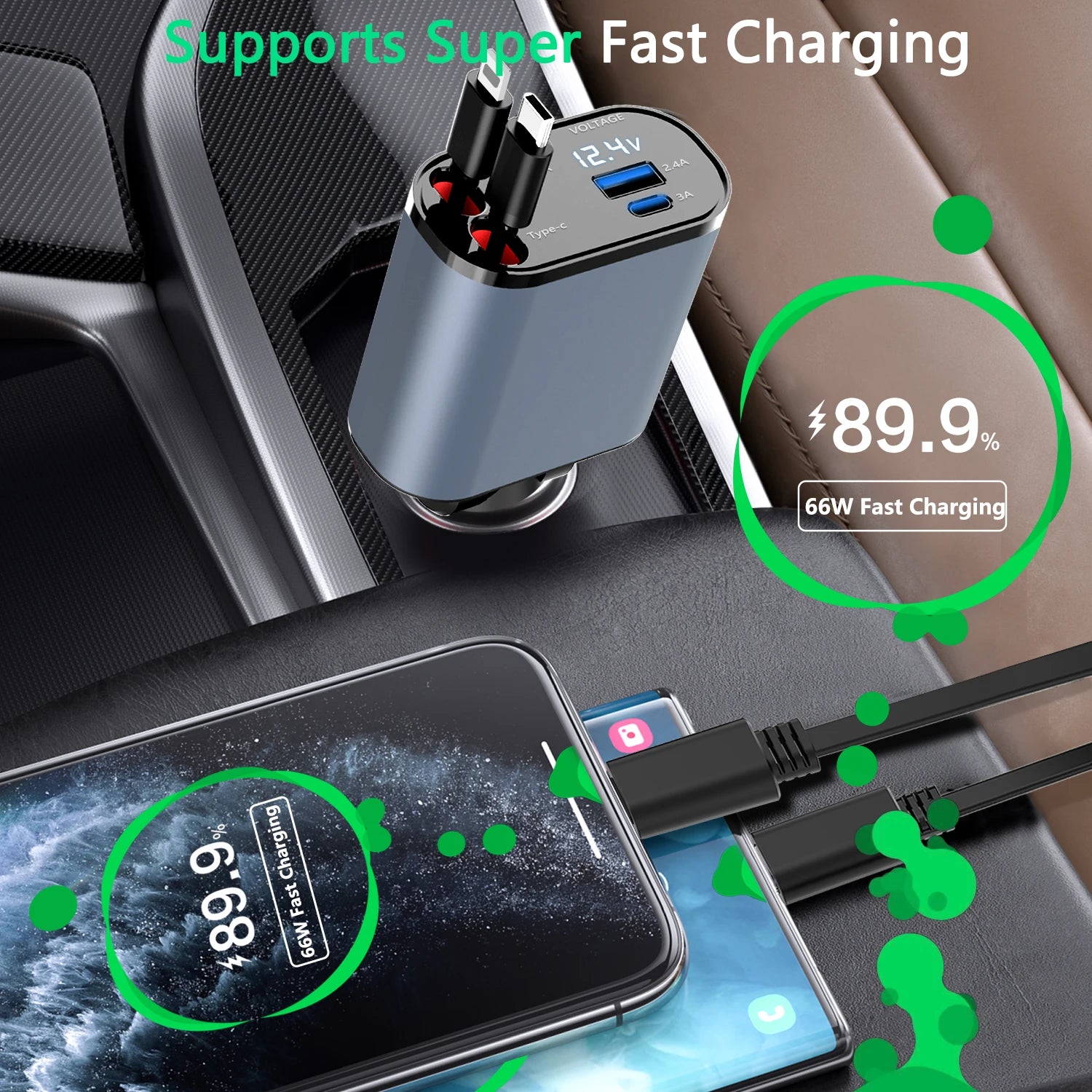 2023 New Retractable Car Charger 4 In1 Fast Car Phone Charger 66W Retractable Cables (2.6Ft) and 2 USB Ports Car Charger Adapter