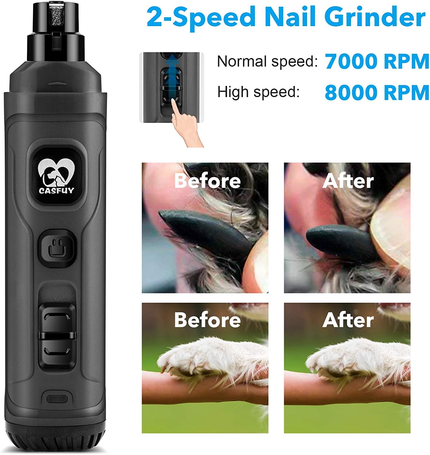 Dog Nail Grinder with 2 LED Light - New Version 2-Speed Powerful Electric Pet Nail Trimmer Professional Quiet Painless Paws Grooming & Smoothing for Small Medium Large Dogs and Cats (Grey)